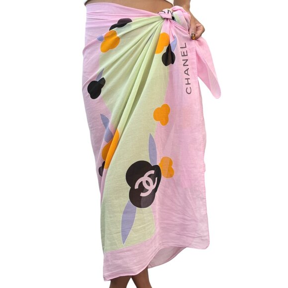 CHANEL Vintage 00S CC Mark Logo Shawl Scarf Wrap Pareo Skirt Pink Green [104228] - Picture 6 of 13